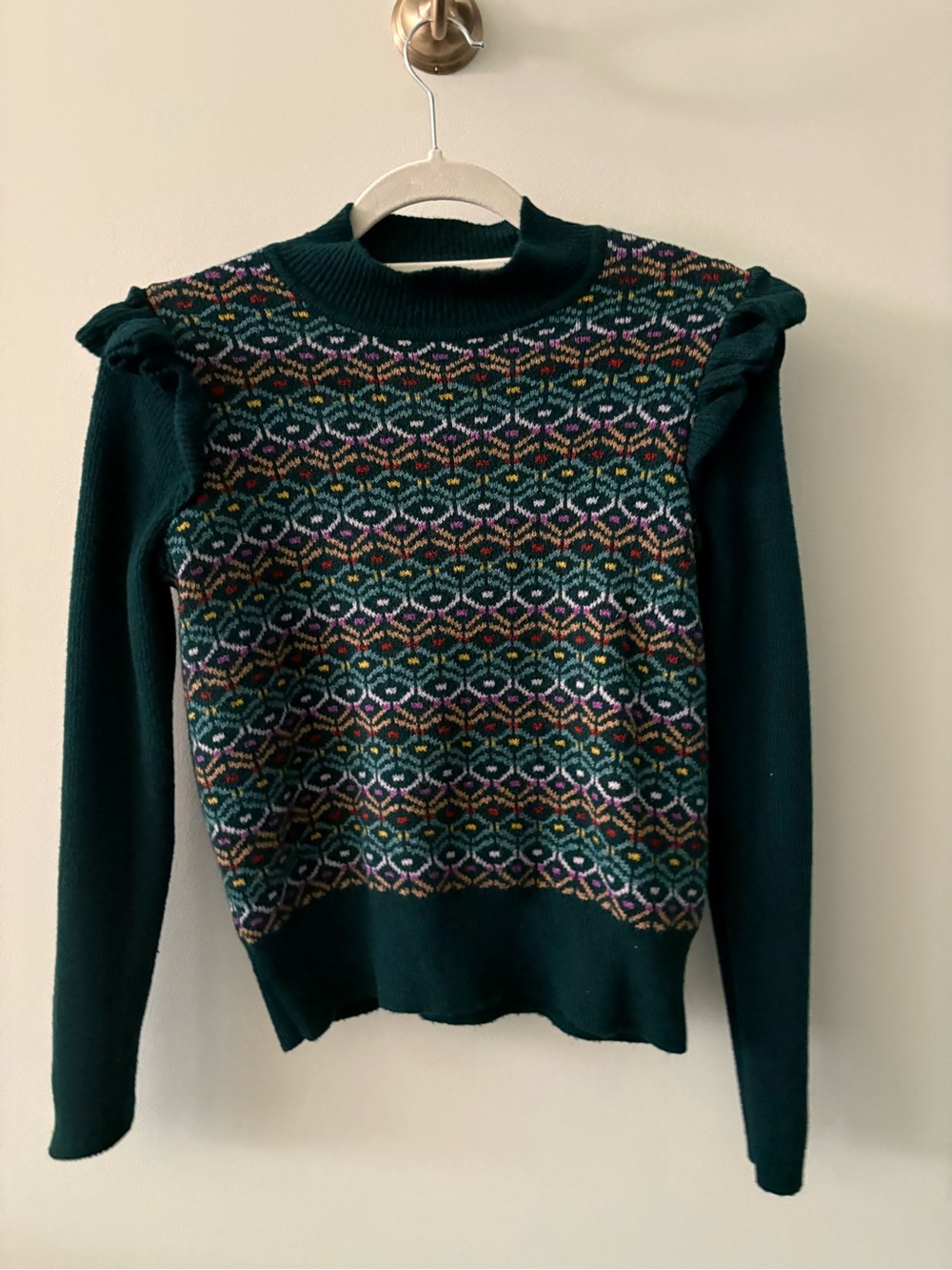 LOFT Dark Green Multicolor Fair Isle Ruffle Shoulder Sweater